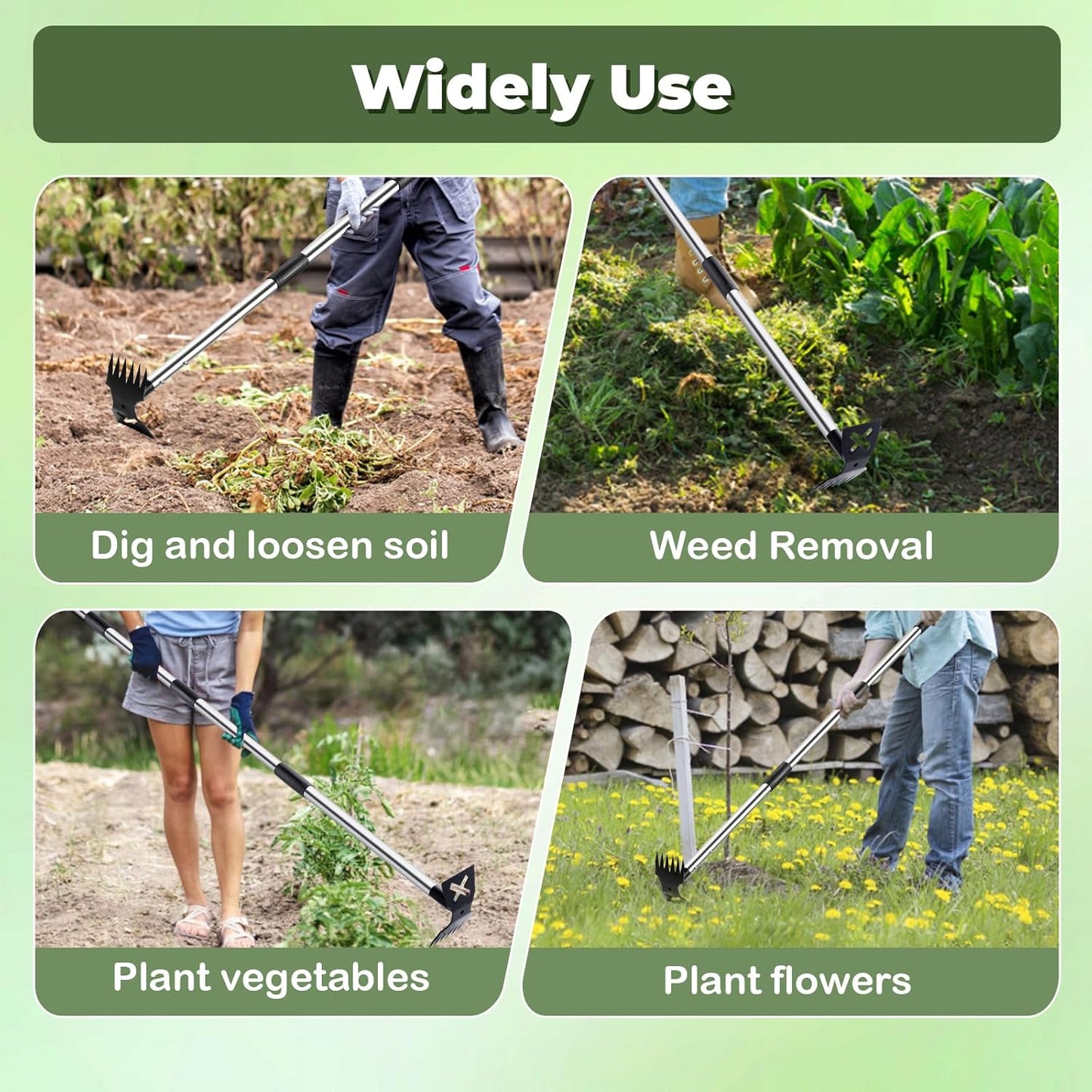 NICOFPHY Weed Puller Tool with Long Handle - 60" Manual Weeder Remover Tool, 2 in 1 Hand Weed Rake and Garden Hoe for