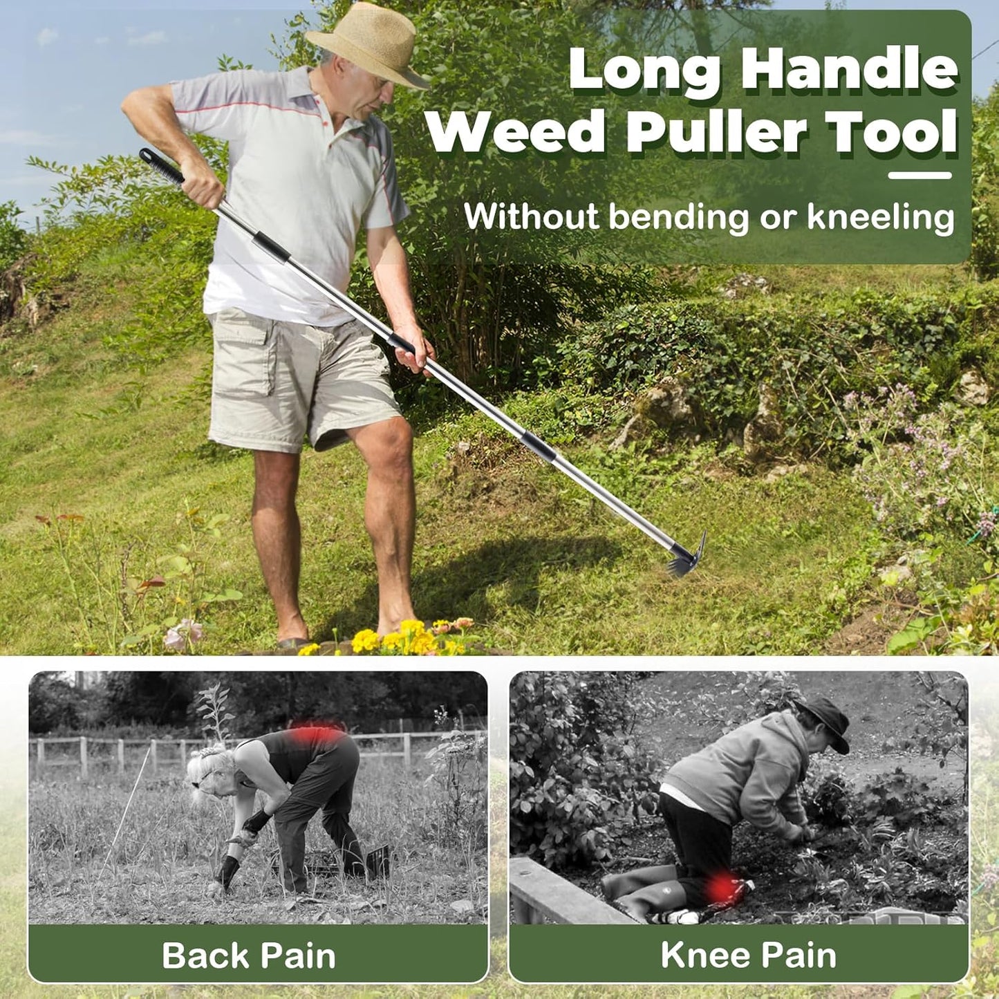 NICOFPHY Weed Puller Tool with Long Handle - 60" Manual Weeder Remover Tool, 2 in 1 Hand Weed Rake and Garden Hoe for