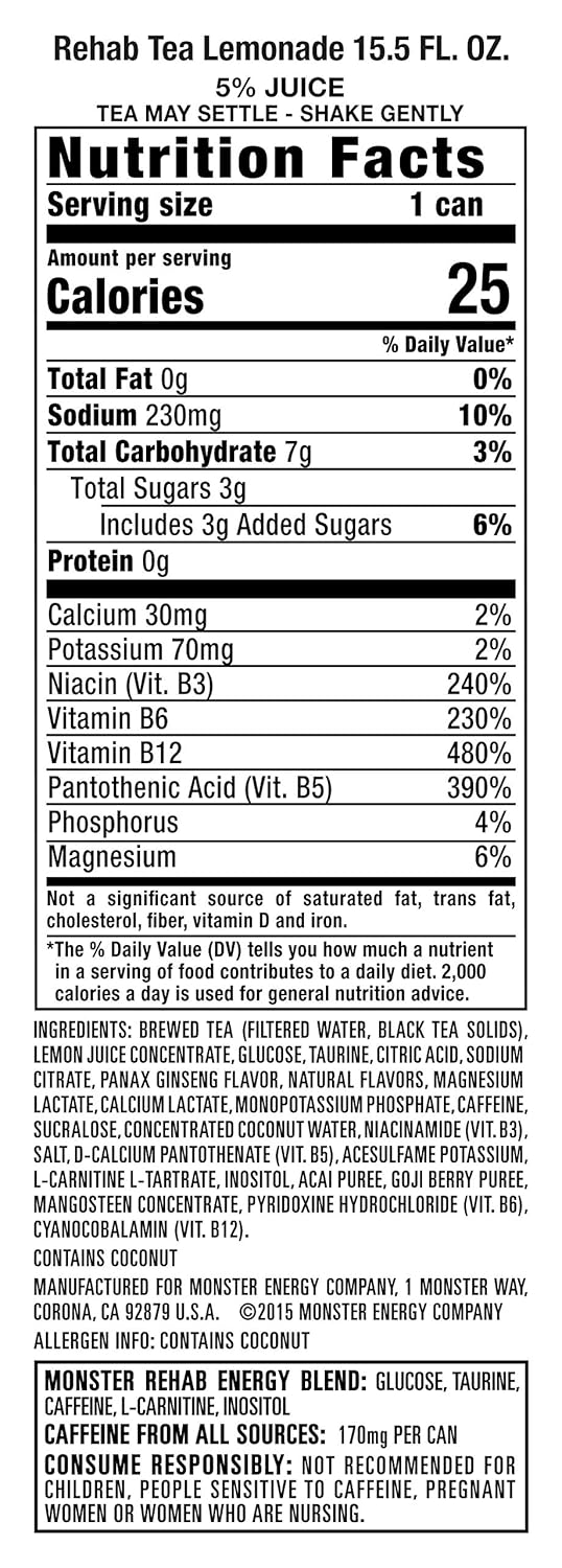 Monster Rehab Tea + Lemonade + Energy, Energy Drink 15.5 Ounce, Energy Iced Tea5