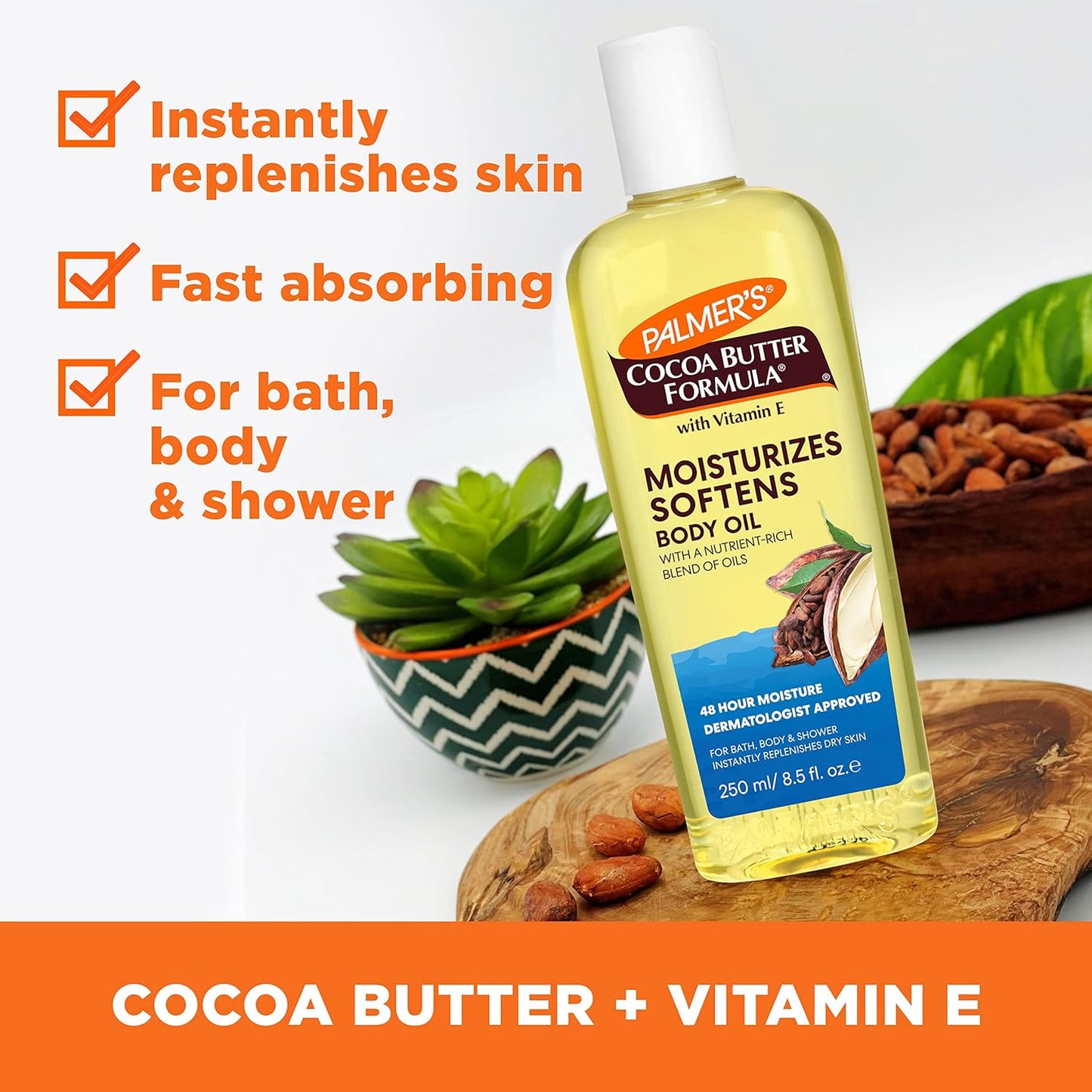 Palmer's Cocoa Butter Moisturizing Body Oil with Vitamin E, Radiant Looking Glow and Skin Hydration, Instant Absorption, Bath, Body and
