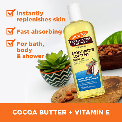 Palmer's Cocoa Butter Moisturizing Body Oil with Vitamin E, Radiant Looking Glow and Skin Hydration, Instant Absorption, Bath, Body and