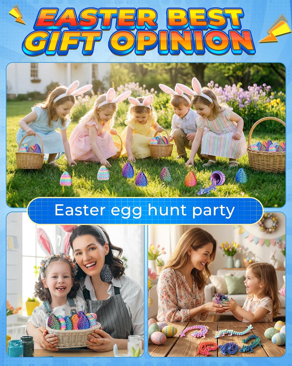 Rapean 8" 3D Printed Dragon Eggs, Easter Basket Stuffers for Kids and Teens, Articulated Dragon Toys for