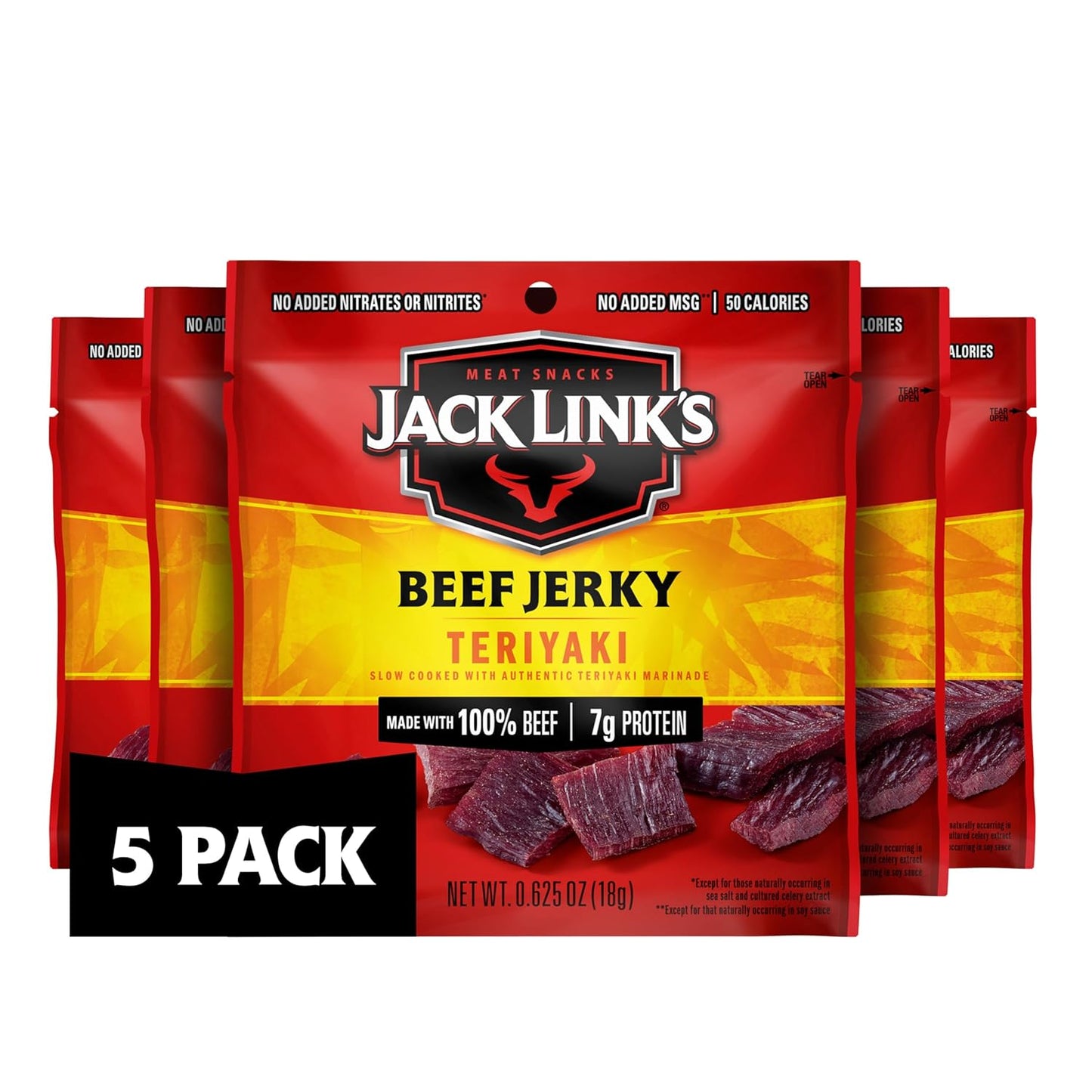 Jack Link's Teriyaki Beef Jerky Multipack - (5 Pack) 0.625 oz Bags - Ready to Eat Real Meat Protein Snacks - 7g Protein per Serving - Made with 100%