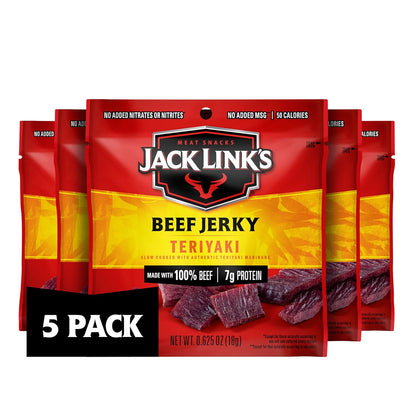 Jack Link's Teriyaki Beef Jerky Multipack - (5 Pack) 0.625 oz Bags - Ready to Eat Real Meat Protein Snacks - 7g Protein per Serving - Made with 100%
