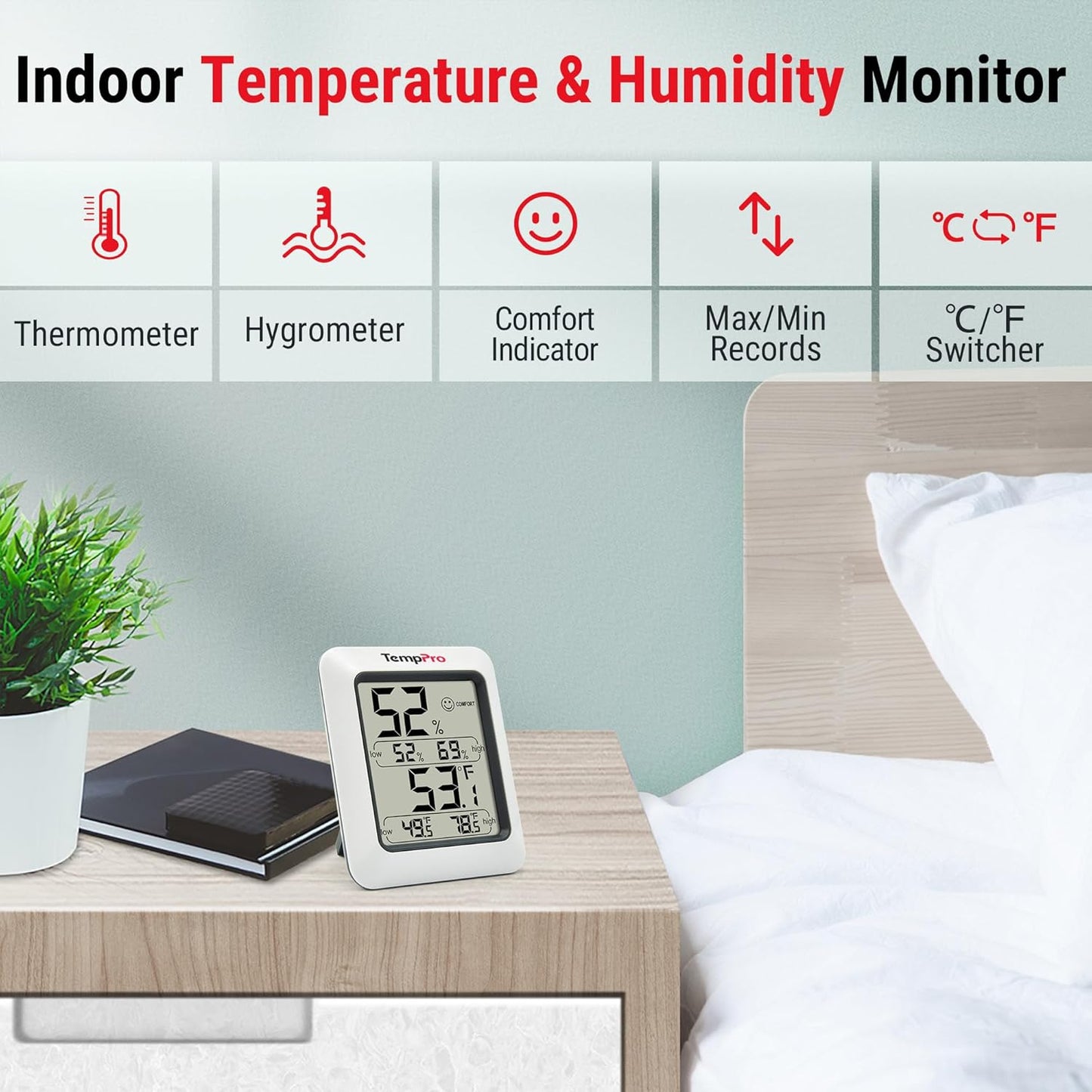 TempPro TP50 Digital Hygrometer Indoor Thermometer Room Thermometer and Humidity Gauge with Temperature Humidity Monitor