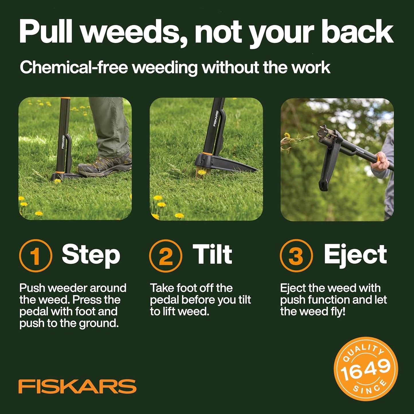 Fiskars Stand-Up Weed Puller Tool, 4 Serrated Stainless Steel Claws Grip Roots for Permanent Removal, Reinforced Foot Platform Penetrates Tough