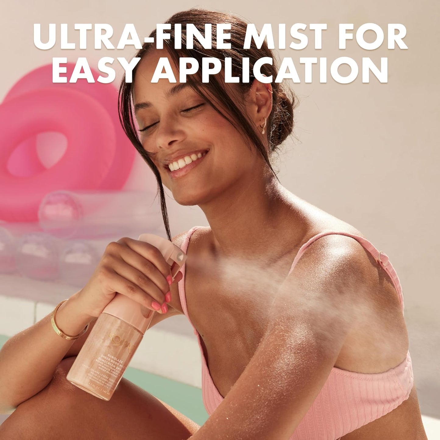 Kopari Rose Gold Sunglaze Sheer Body Mist Sunscreen SPF 42, Infused with Shimmering Body Oil, Hydrating Mist, Hydrates, Brightens, Makeup