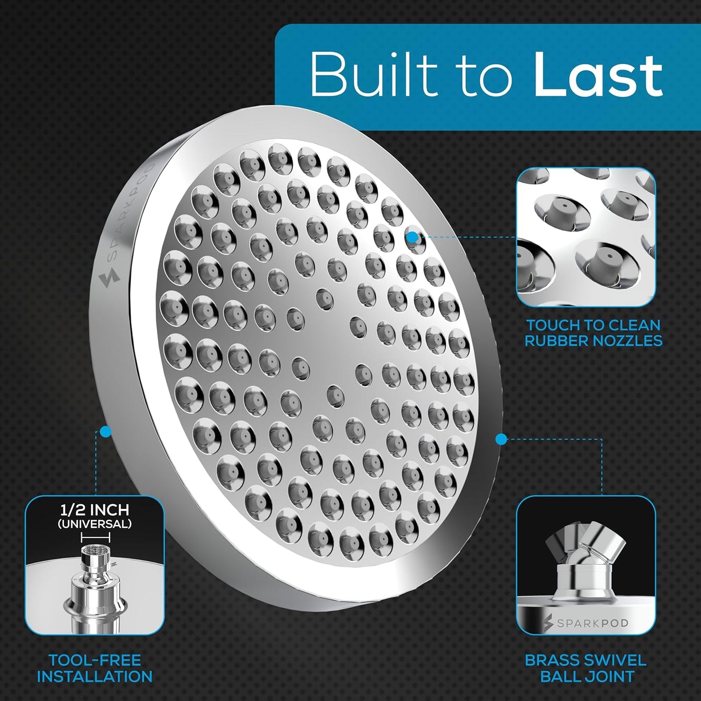 SparkPod Shower Head - High Pressure Rain - Premium Quality Luxury Design - Easy Clean Adjustable Replacement for Your Bathroom Shower Heads (Luxury