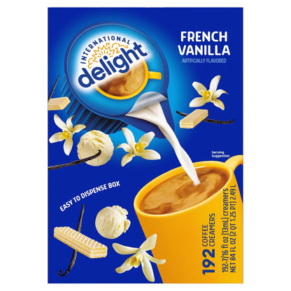 International Delight, French Vanilla, Single-Serve Coffee Creamers, 192 Count, Shelf Stable Non-Dairy Flavored Coffee Creamer, Great for Home