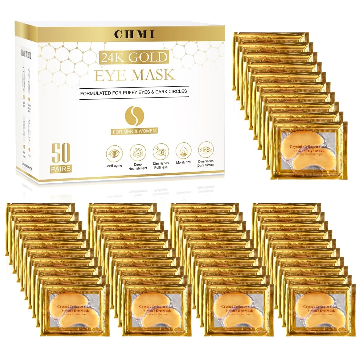 CHMI Under Eye Patches (50 Pairs) - 24K Gold Eye Patches for Puffy Eyes, Dark Circles, EyeBags and Wrinkles, Collagen Skin Care