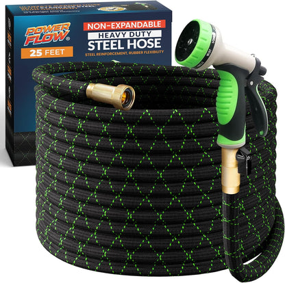 PowerFlow Garden Hose, NON-EXPANDABLE 25 Feet Premium Quality Stainless Steel Metal Water Hose with Durable Fabric Skin, Hose For