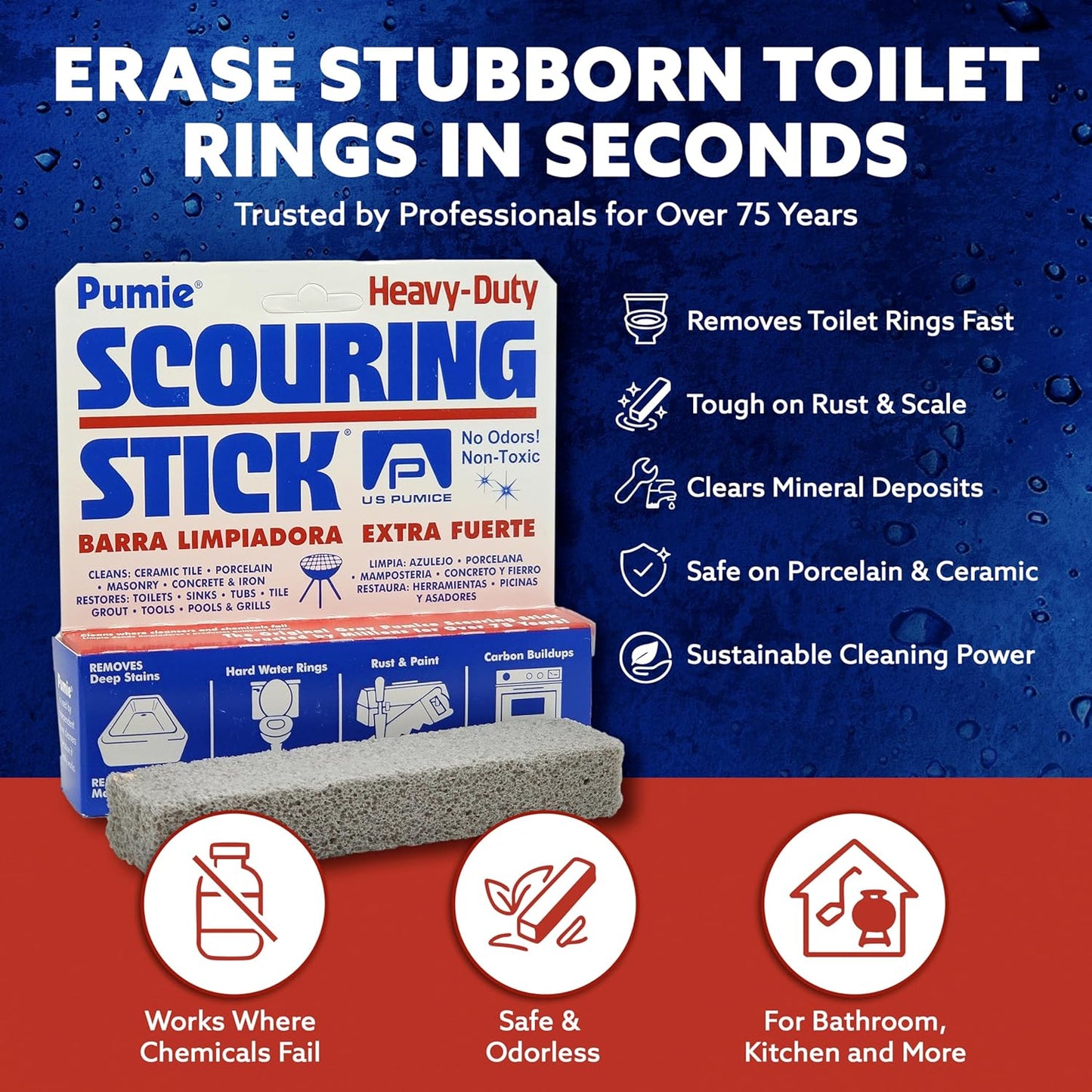 PUMIE Scouring Stick 2 Pack, Toilet Bowl Ring Remover, Heavy Duty Extra Strong Pumice Cleaning Bar, Pumice Stone for Cleaning Toilet