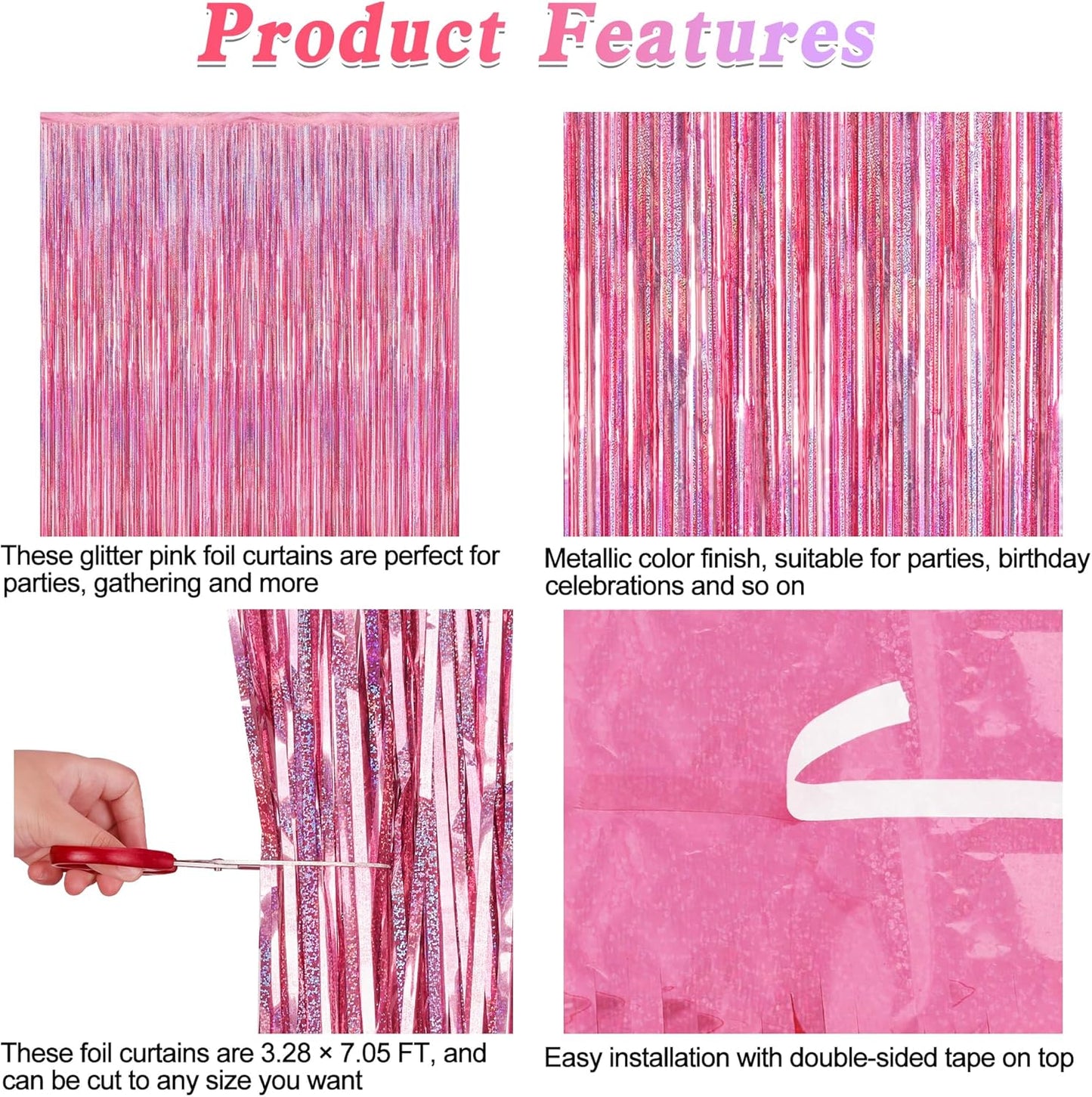 2 Pack Glitter Pink Backdrop, 3.28 FT x 7.05 FT Birthday Party Decorations, Laser Pink Fringe Curtains Foil Streamer