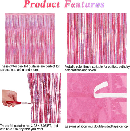 2 Pack Glitter Pink Backdrop, 3.28 FT x 7.05 FT Birthday Party Decorations, Laser Pink Fringe Curtains Foil Streamer