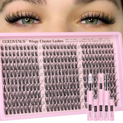 Goddvenus Lash Clusters Kit Wispy Eyelash Clusters Lashes Natural DIY Lash Extension Kit 10-16mm Cluster Eyelash Extensions Kit 300pcs C Curl