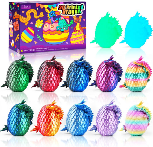 Impossmaker 12pcs 3D Printed Dragon Eggs, Cool Articulated Crystal Dragon Toys for Boys Kids Teen, Surprise Dinosaur Eggs for Party