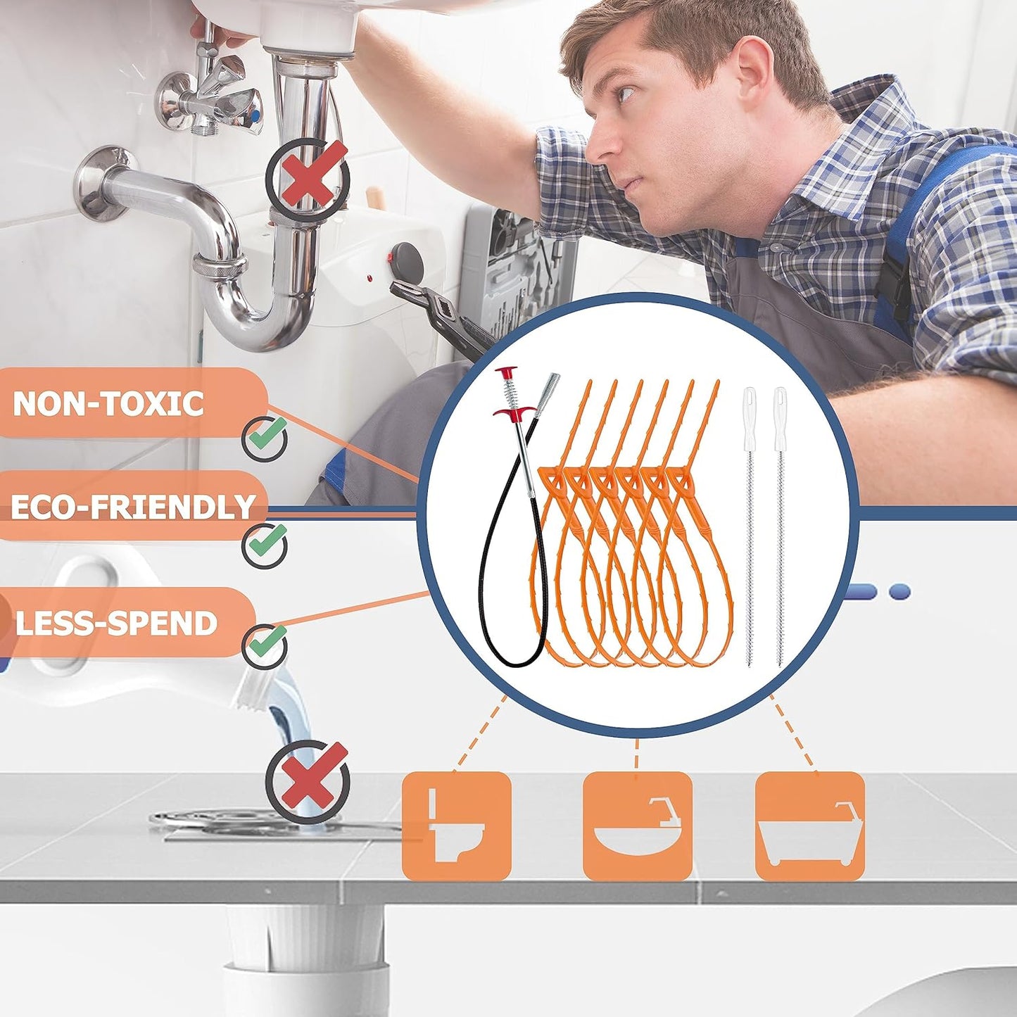 35.5inch Drain Clog Remover(1pcs), 25inch Drain Snake Hair Remover(6pcs) Cleaning Brush(2pcs), Hair Catcher Drain Auger Cleaner Tool Set For