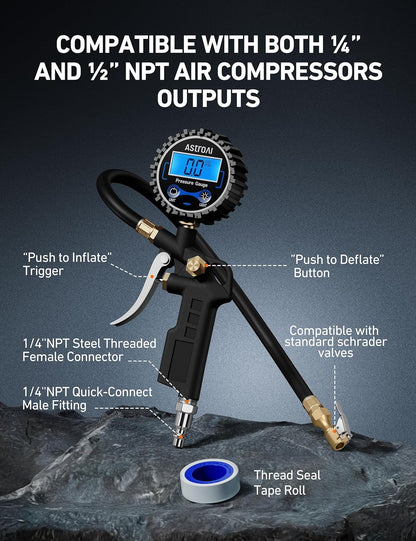 AstroAI Digital Tire Pressure Gauge with Inflator, 3-250 PSI Air Chuck & Compressor Accessories Heavy Duty with Quick Connect