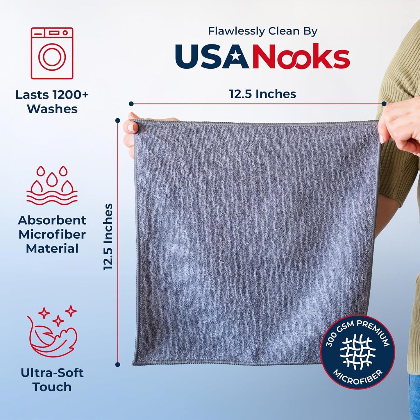 USANOOKS Microfiber Cleaning Cloth Grey - 12 Pcs (12.5"x12.5") - High Performance - 1200
