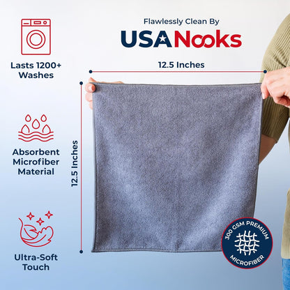 USANOOKS Microfiber Cleaning Cloth Grey - 12 Pcs (12.5"x12.5") - High Performance - 1200