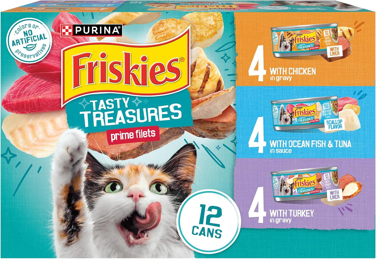 Purina Friskies Wet Cat Food Variety Pack, Tasty Treasures Prime Filets (With Ocean Fish and Tuna, With Chicken and With Turkey) - 5.5 Ounce (2)