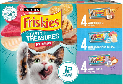 Purina Friskies Wet Cat Food Variety Pack, Tasty Treasures Prime Filets (With Ocean Fish and Tuna, With Chicken and With Turkey) - 5.5 Ounce (2)