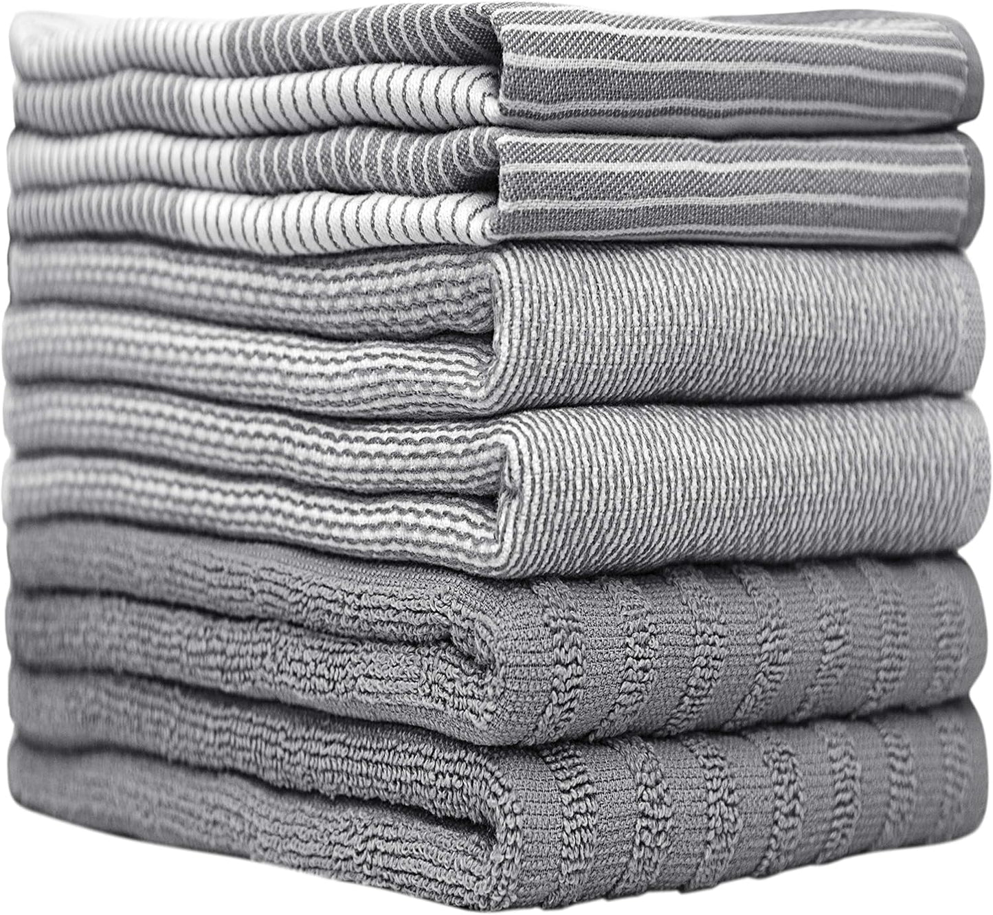 Premium Kitchen Towels (20x 28, 6 Pack), Large Cotton Dish Towels, Flat & Terry Highly Absorbent Kitchen Linen Set with Hanging Loop, Gray