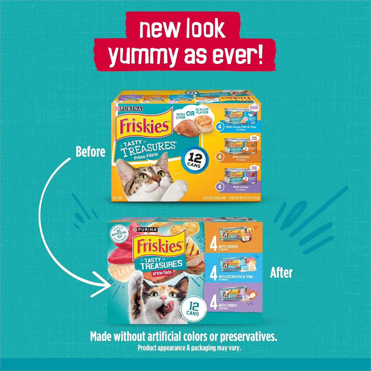 Purina Friskies Wet Cat Food Variety Pack, Tasty Treasures Prime Filets (With Ocean Fish and Tuna, With Chicken and With Turkey) - 5.5 Ounce (2)