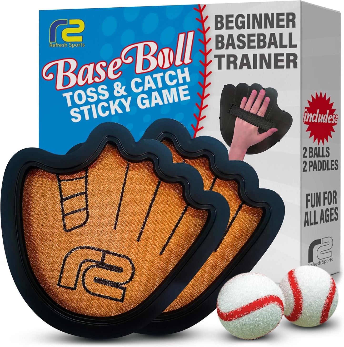 Toss and Catch Ball Game Set - Easy to Use Sticky Balls & Beginner Baseball Training Glove - Premium Toy Paddle Fits All Hand Sizes From Toddlers to
