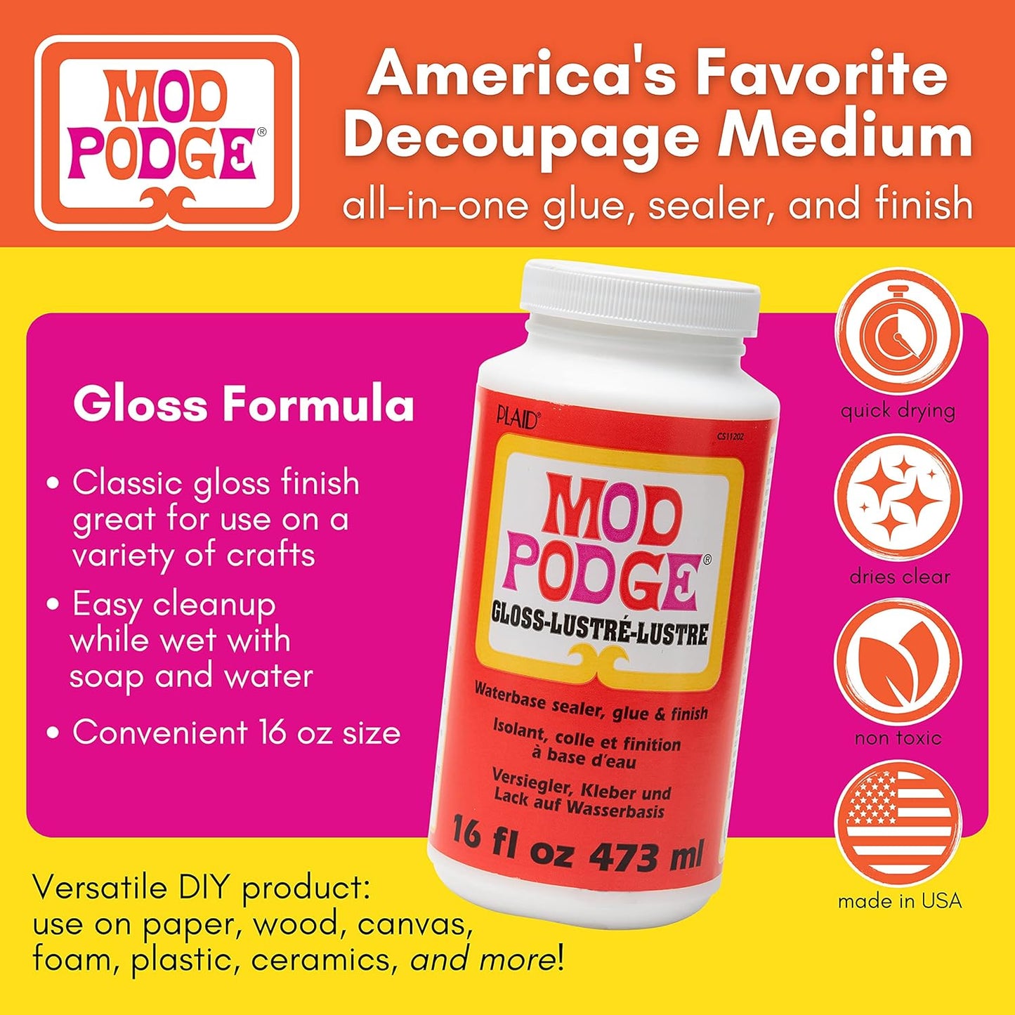 Mod Podge Gloss Sealer, Glue & Finish: All-in-One Craft Solution- Quick Dry, Easy Clean, for Wood