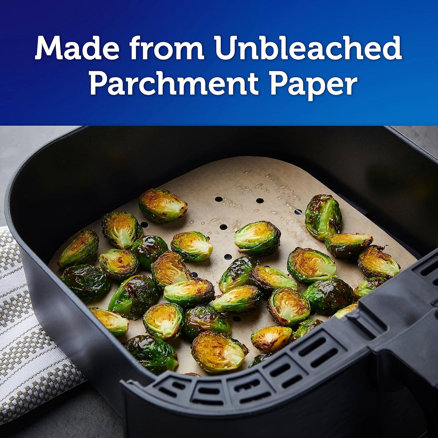 Reynolds Kitchens Air Fryer Liners Disposable, Unbleached Parchment Paper Sheets, 50 Count