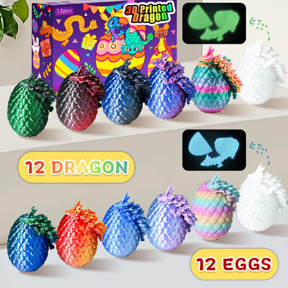 Impossmaker 12pcs 3D Printed Dragon Eggs, Cool Articulated Crystal Dragon Toys for Boys Kids Teen, Surprise Dinosaur Eggs for Party