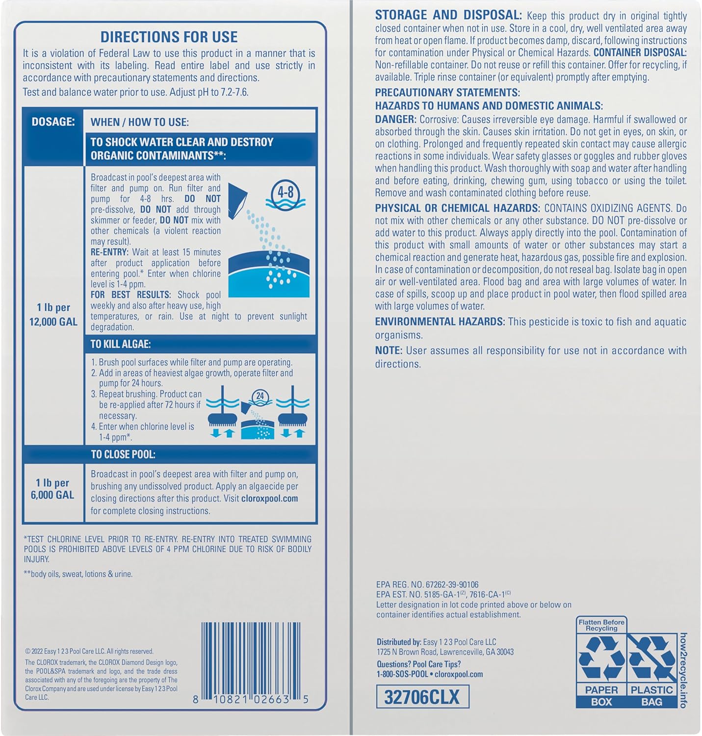 Clorox Pool&Spa Shock Clear, for Crystal Clear Swimming Pool Water, Swim-ready in 15 minutes, Suitable for vinyl pools (6-Pack)