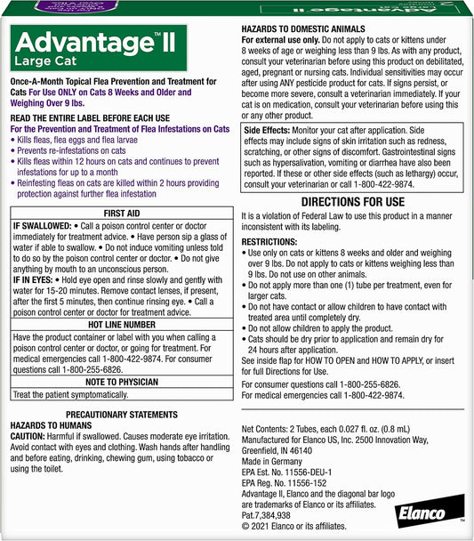 Advantage II Large Cat Vet-Recommended Flea Treatment & Prevention, Cats Over 9 lbs., 2-Month Supply