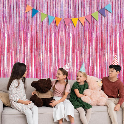 2 Pack Glitter Pink Backdrop, 3.28 FT x 7.05 FT Birthday Party Decorations, Laser Pink Fringe Curtains Foil Streamer