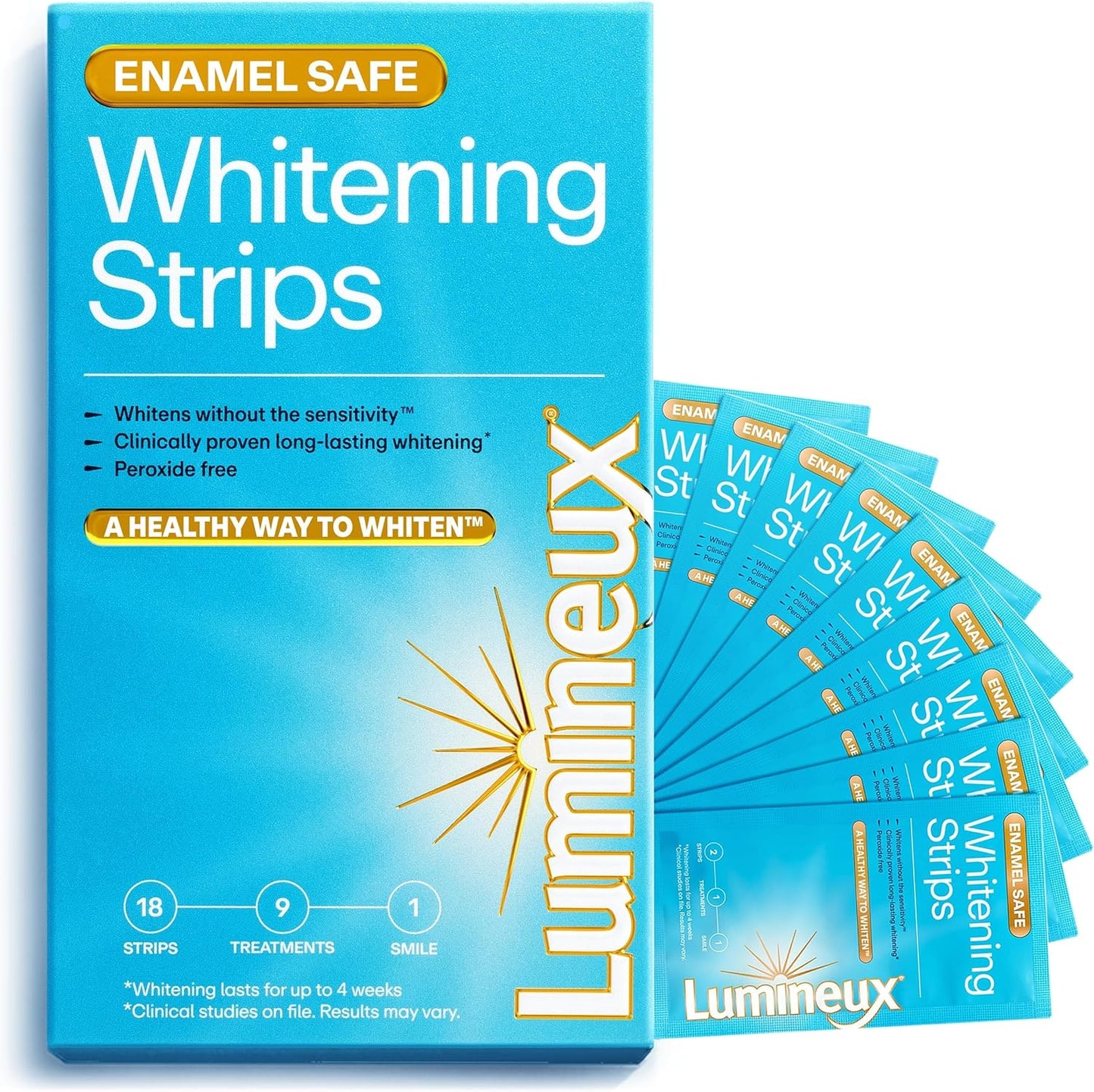 Lumineux Teeth Whitening Strips Kit - 9 Treatments (1 Month) - Peroxide Free - Enamel Safe for Whiter Teeth - Whitening Without The Sensitivity -