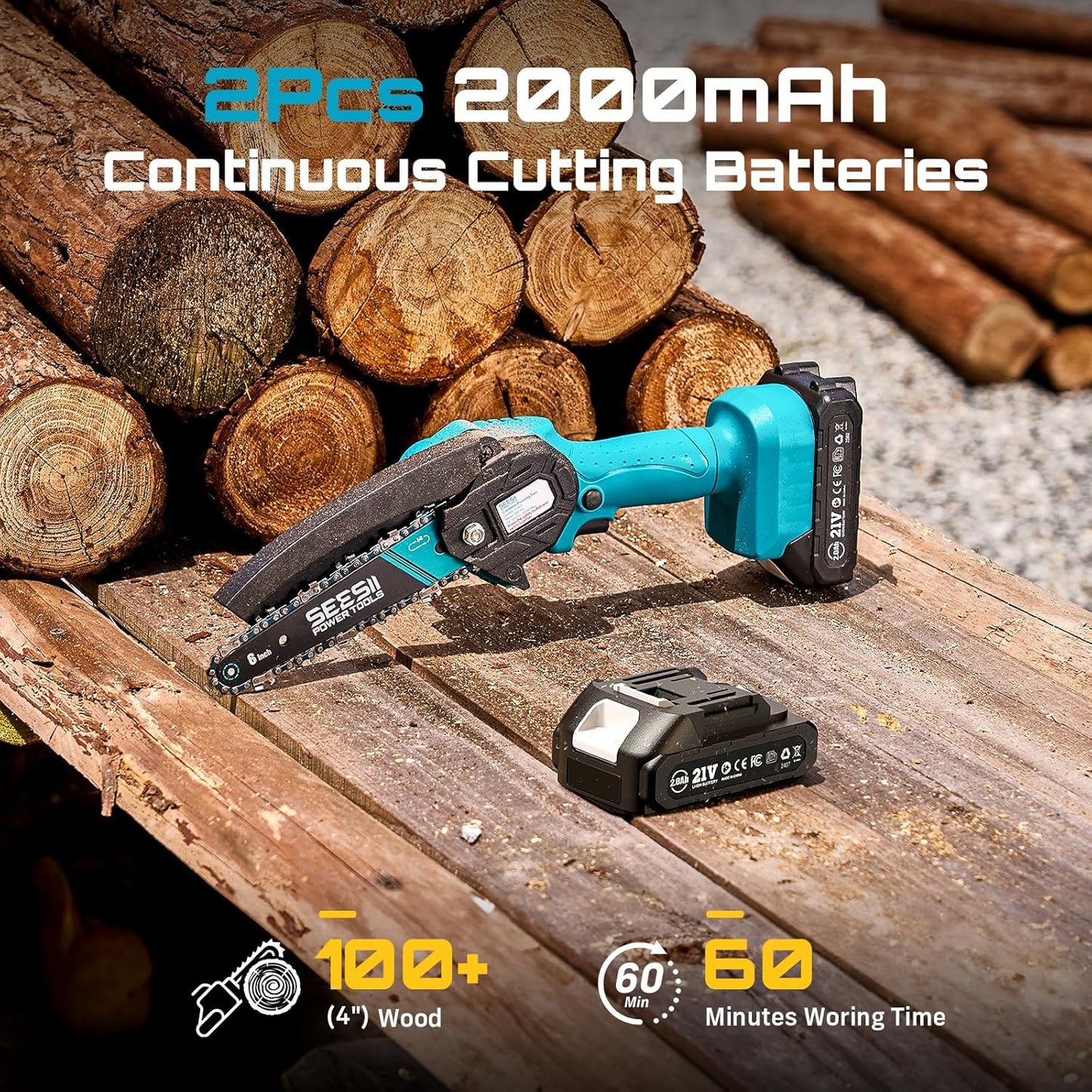Seesii Mini Chainsaw, 6-inch Mini Chainsaw Cordless, Handheld Electric Power Chain Saw with 2 Batteries, for Tree Trimming Wood