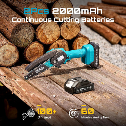 Seesii Mini Chainsaw, 6-inch Mini Chainsaw Cordless, Handheld Electric Power Chain Saw with 2 Batteries, for Tree Trimming Wood