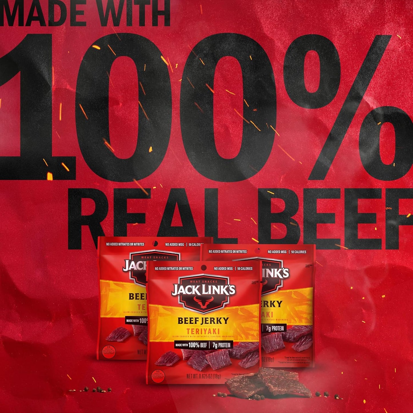 Jack Link's Teriyaki Beef Jerky Multipack - (5 Pack) 0.625 oz Bags - Ready to Eat Real Meat Protein Snacks - 7g Protein per Serving - Made with 100%