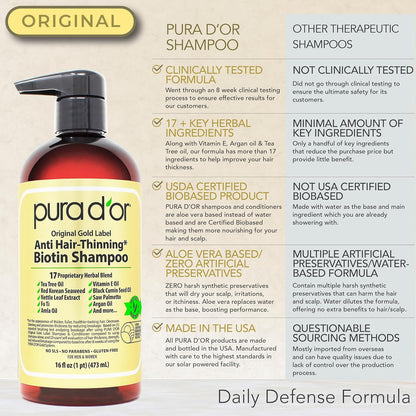 PURA D'OR Anti-Thinning Biotin Shampoo & Conditioner Original Gold Label Set (16oz x2) CLINICALLY TESTED Formula for