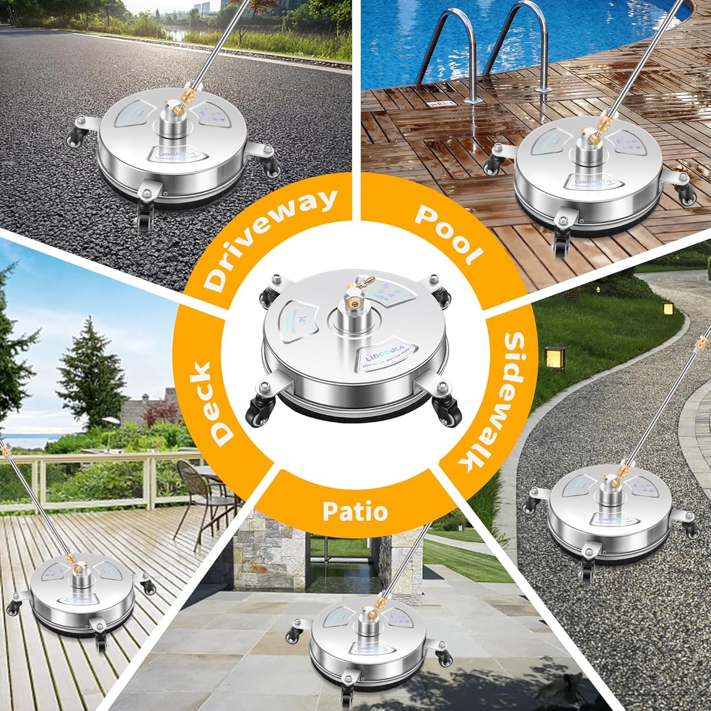 14" Pressure Washer Surface Cleaner with 4 Wheels - Stainless Steel Surface Cleaner for Pressure Washer Attachment for Concrete, Patio