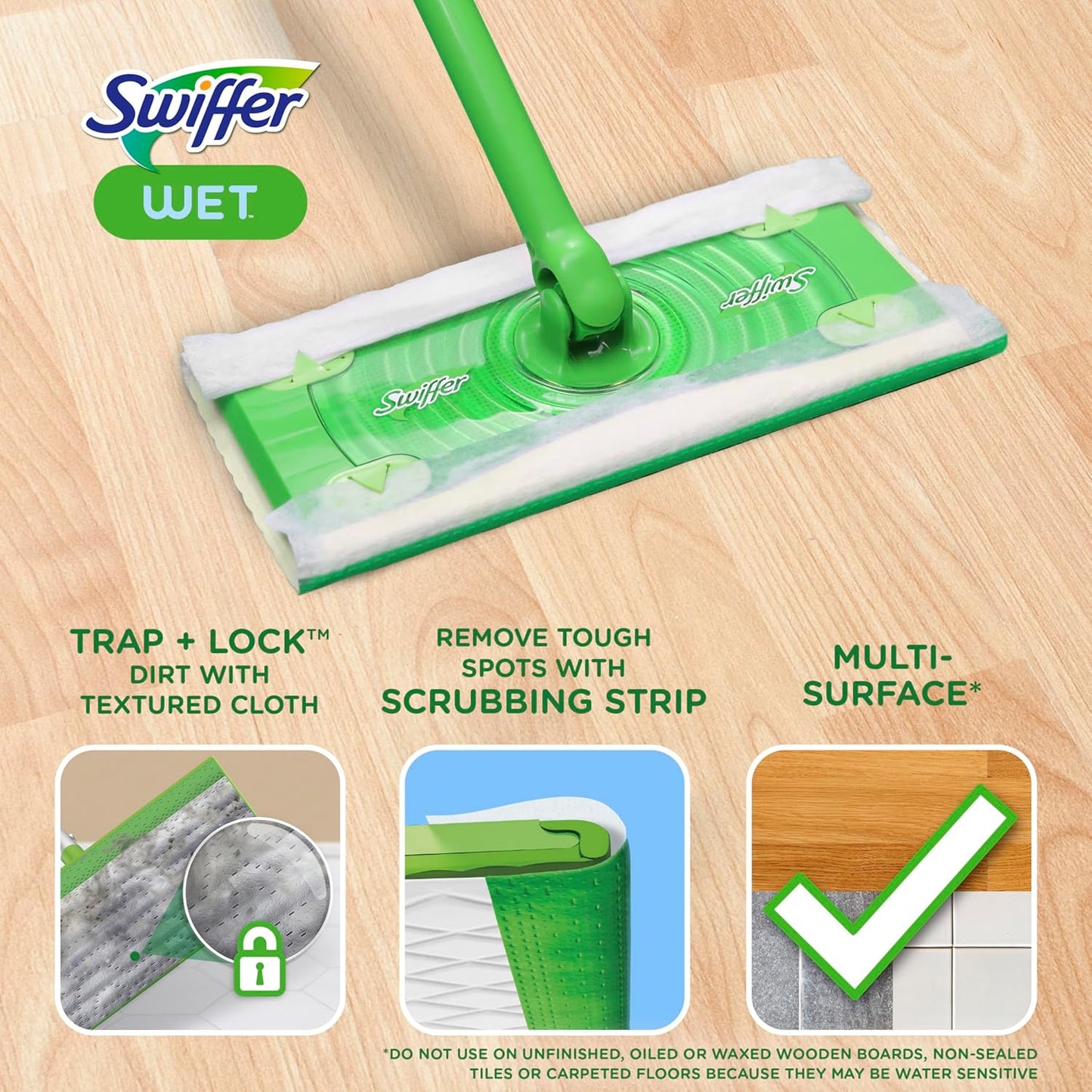 Swiffer Sweep + Mop, Wet Pads Refill, Floor Cleaner for Dirt, Dust, Hair, Cleaning Cloths for Mopping Home, Bathroom
