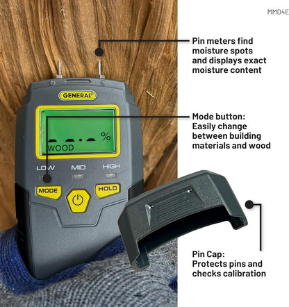 General Tools MMD4E Digital Moisture Meter, Water Leak Detector, Moisture Tester, Pin