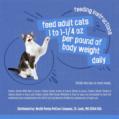 Purina Friskies Wet Cat Food Variety Pack, Shreds With Beef, Turkey and Cheese Dinner, Chicken and Salmon