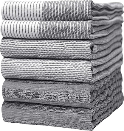 Premium Kitchen Towels (20x 28, 6 Pack), Large Cotton Dish Towels, Flat & Terry Highly Absorbent Kitchen Linen Set with Hanging Loop, Gray