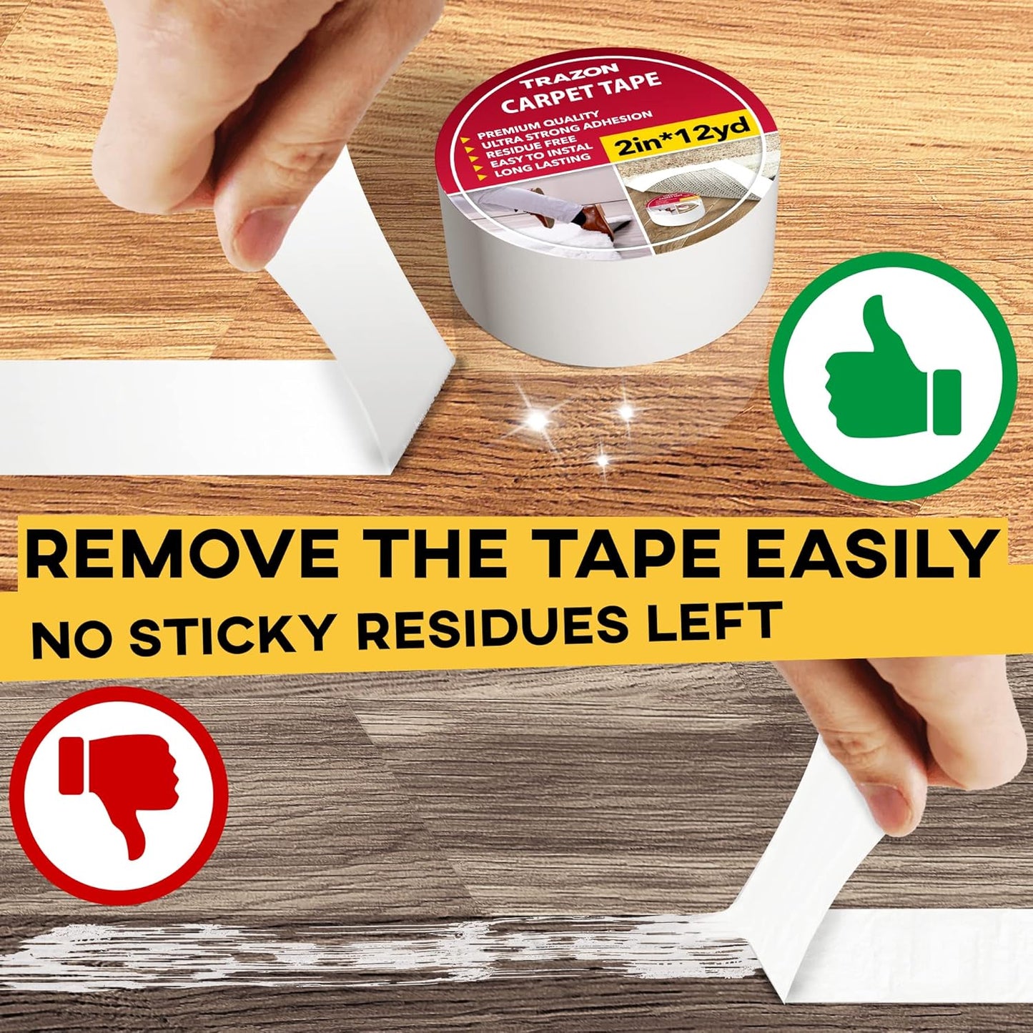 Carpet Tape Double Sided - Rug Tape Grippers for Hardwood Floors and Area Rugs - Carpet Binding Tape Strong Adhesive and