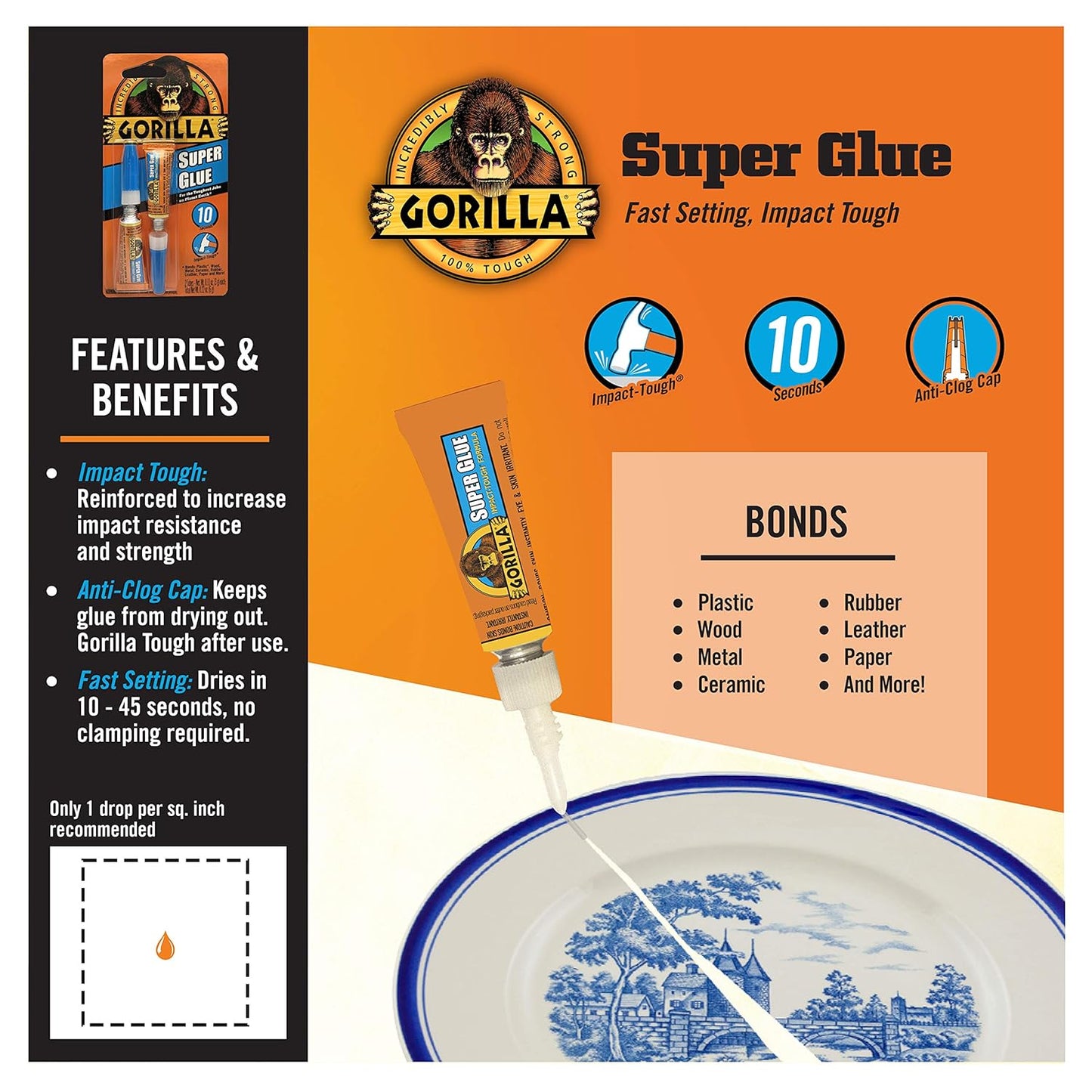 Gorilla Super Glue, FastSetting, ImpactTough AllPurpose Adhesive with Anti-Clog Cap, 4 -3 g Tubes - Clear