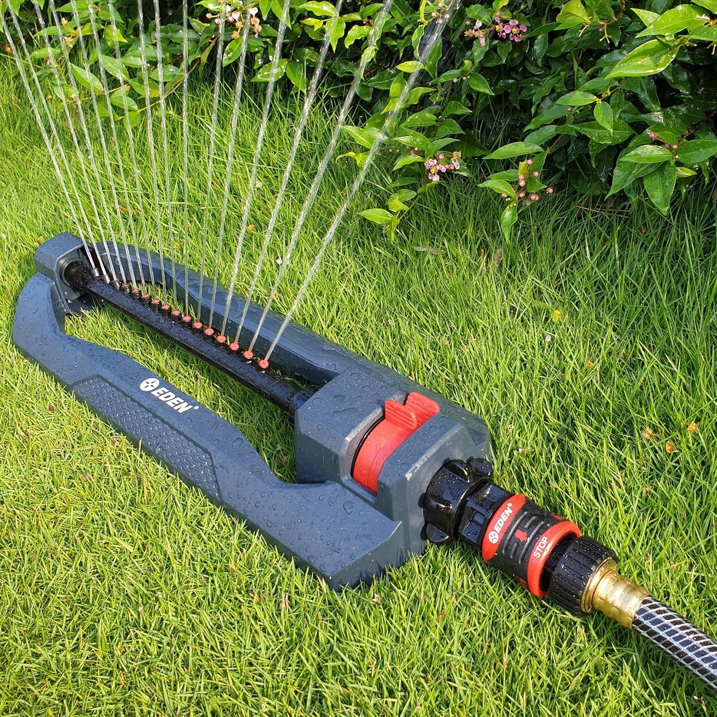 Eden 96213 Essential Turbo Oscillating Water Sprinkler, Covers Up to 3,600 sq. ft., 16 Nozzles, Weighted Base, Adjustable Range, Quick Connect