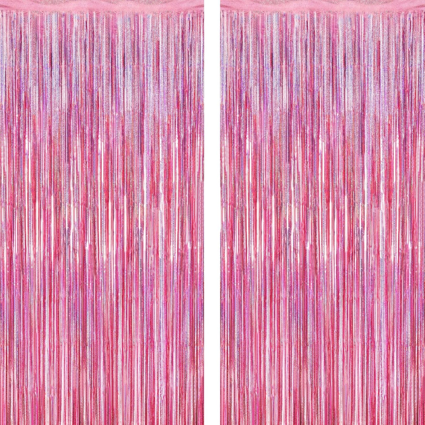 2 Pack Glitter Pink Backdrop, 3.28 FT x 7.05 FT Birthday Party Decorations, Laser Pink Fringe Curtains Foil Streamer