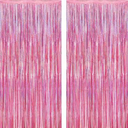 2 Pack Glitter Pink Backdrop, 3.28 FT x 7.05 FT Birthday Party Decorations, Laser Pink Fringe Curtains Foil Streamer